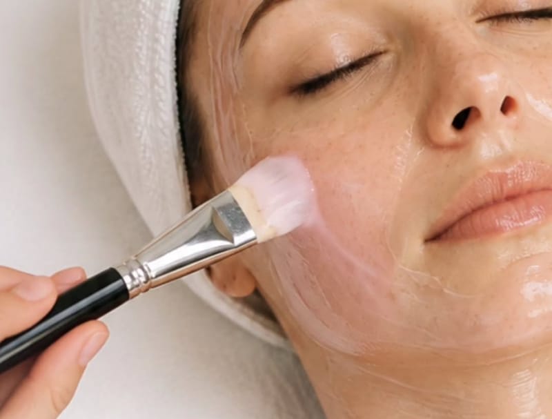 Bio Face Lifting: Maskenauftrag mit dem Pinsel an Gesicht und Hals